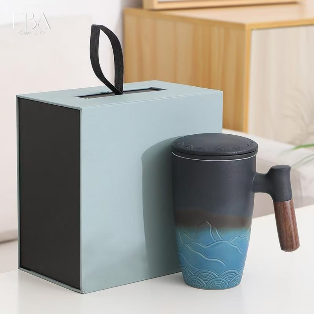 كوب شاي سيراميك فخم بسعة 500 مل مع مصفاة وغطاء ومقبض خشبي