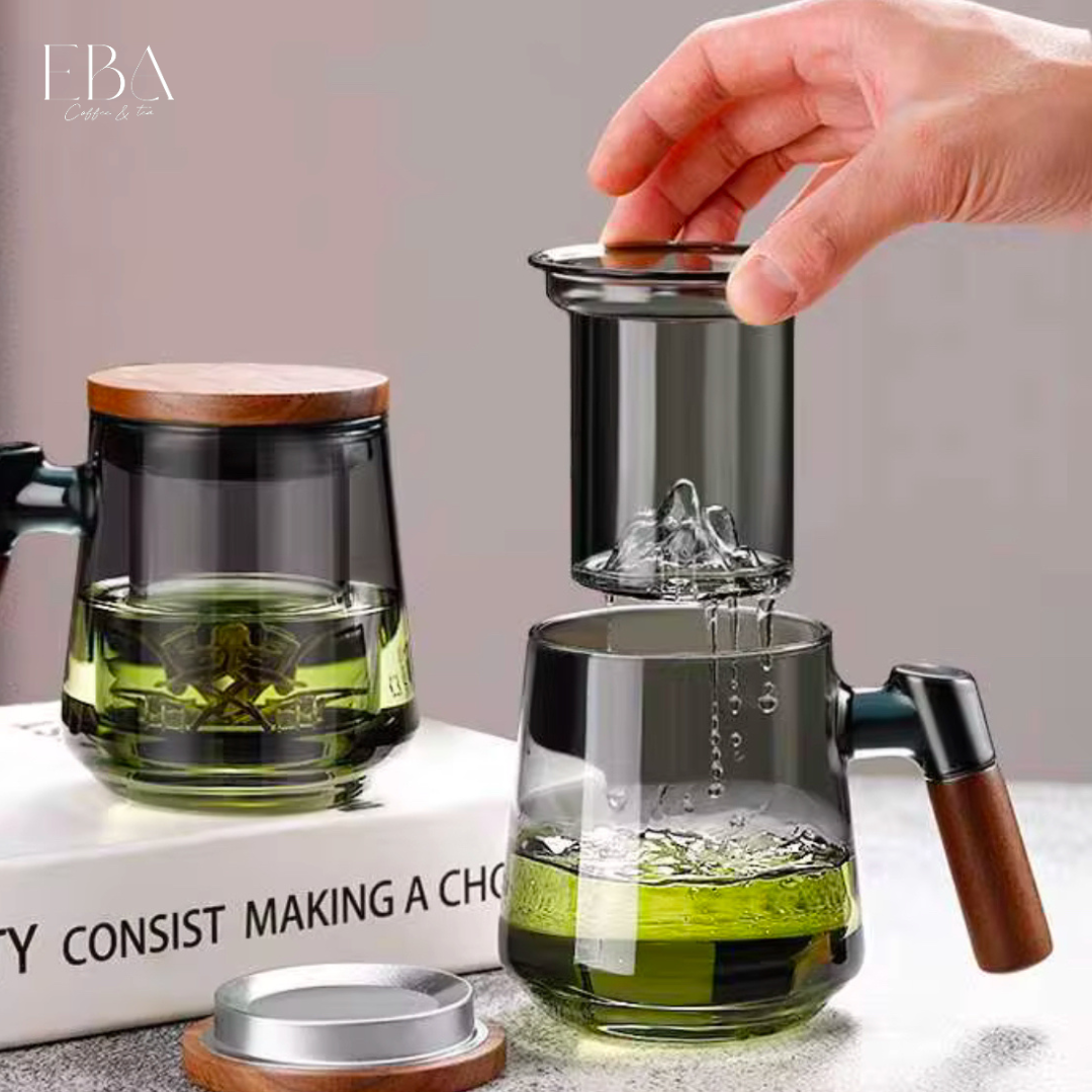 كوب شاي زجاجي بسعة 500 مل مع مصفاة وغطاء وماسك خشبي