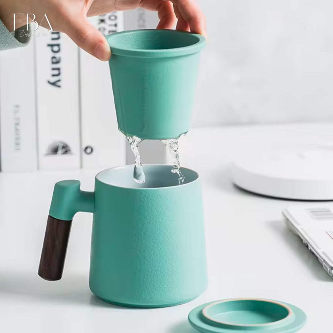 كوب شاي سيراميك بسعة 300 مل مع مصفاة وغطاء ومقبض خشبي